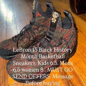 LeBron 15 Kids Black/Red/Green Knit Basketball Sneakers